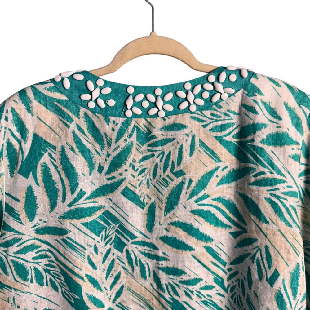 JM Collection Teal Tropical Leaf Print Linen Jacket Beaded Neckline Size 16 - Picture 5 of 7